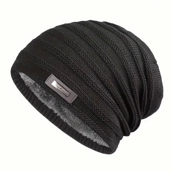 Accessories - Black Knitted Beanie with Plush Fleece Lining